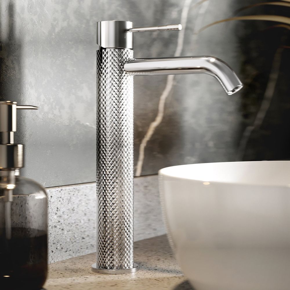 Moray Chrome tall basin mixer tap featuring a textured knurled detailing - Roomset