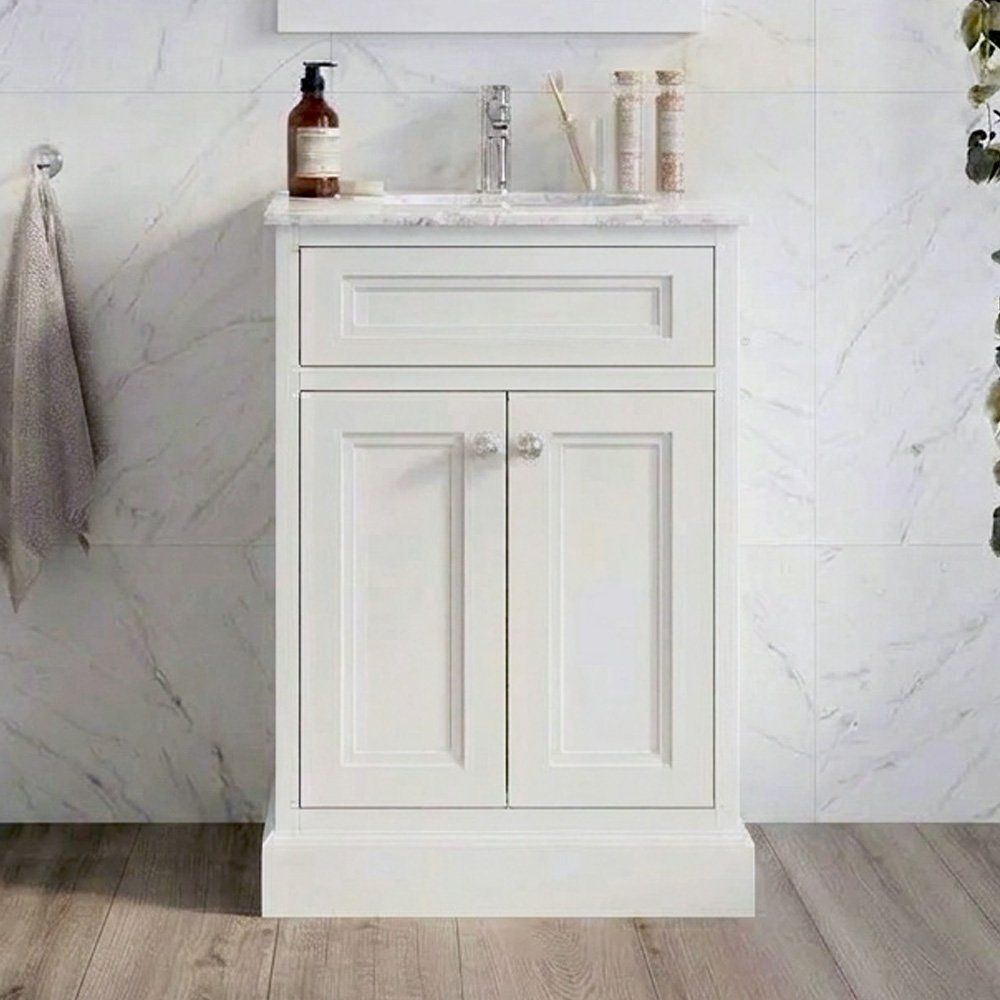 White Marble traditional room set, showing a close up view of the Richmond White Floor Standing Traditional Vanity Unit with White Marble Top 600mm