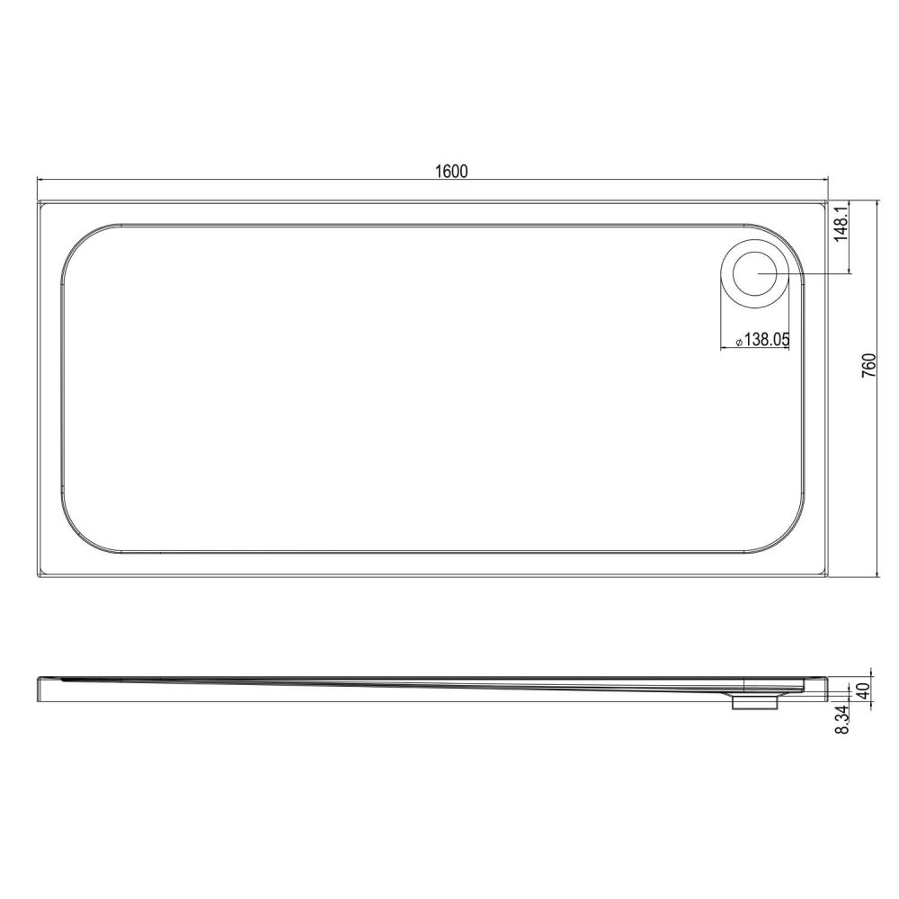 Low Profile Rectangle Shower Tray 1600x760mm Spec Drawing
