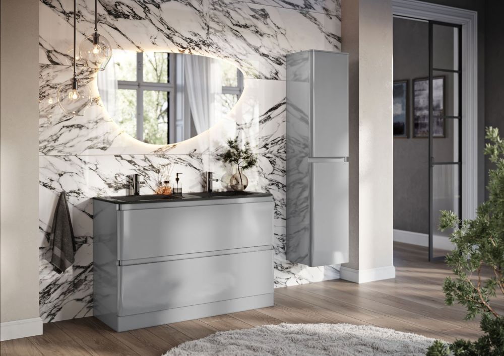 Neon Gloss Light Grey Floor Standing Vanity Unit with Grey Glass Basin 1200mm