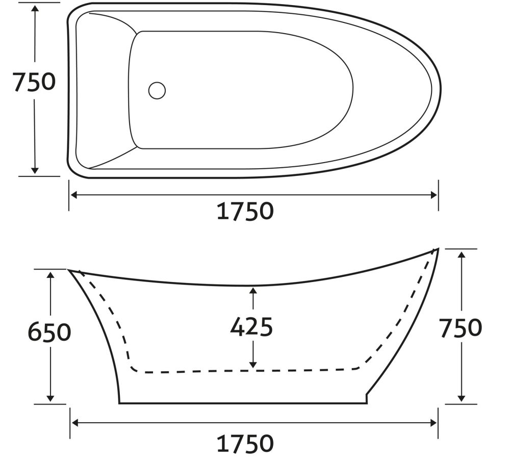Eton Silver Freestanding Acrylic Bath 1750x750mm dimensions