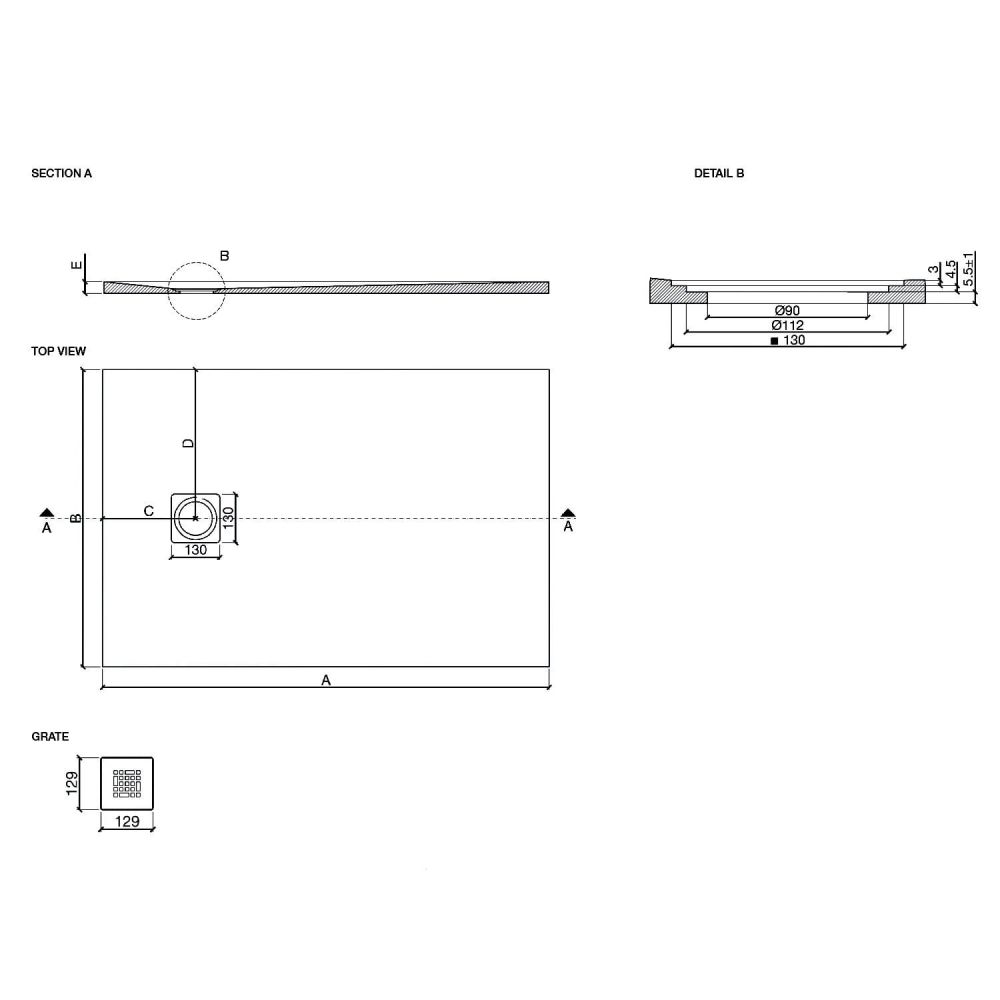 Peoria Rectangle Shower Tray 1500x900mm Spec Drawing