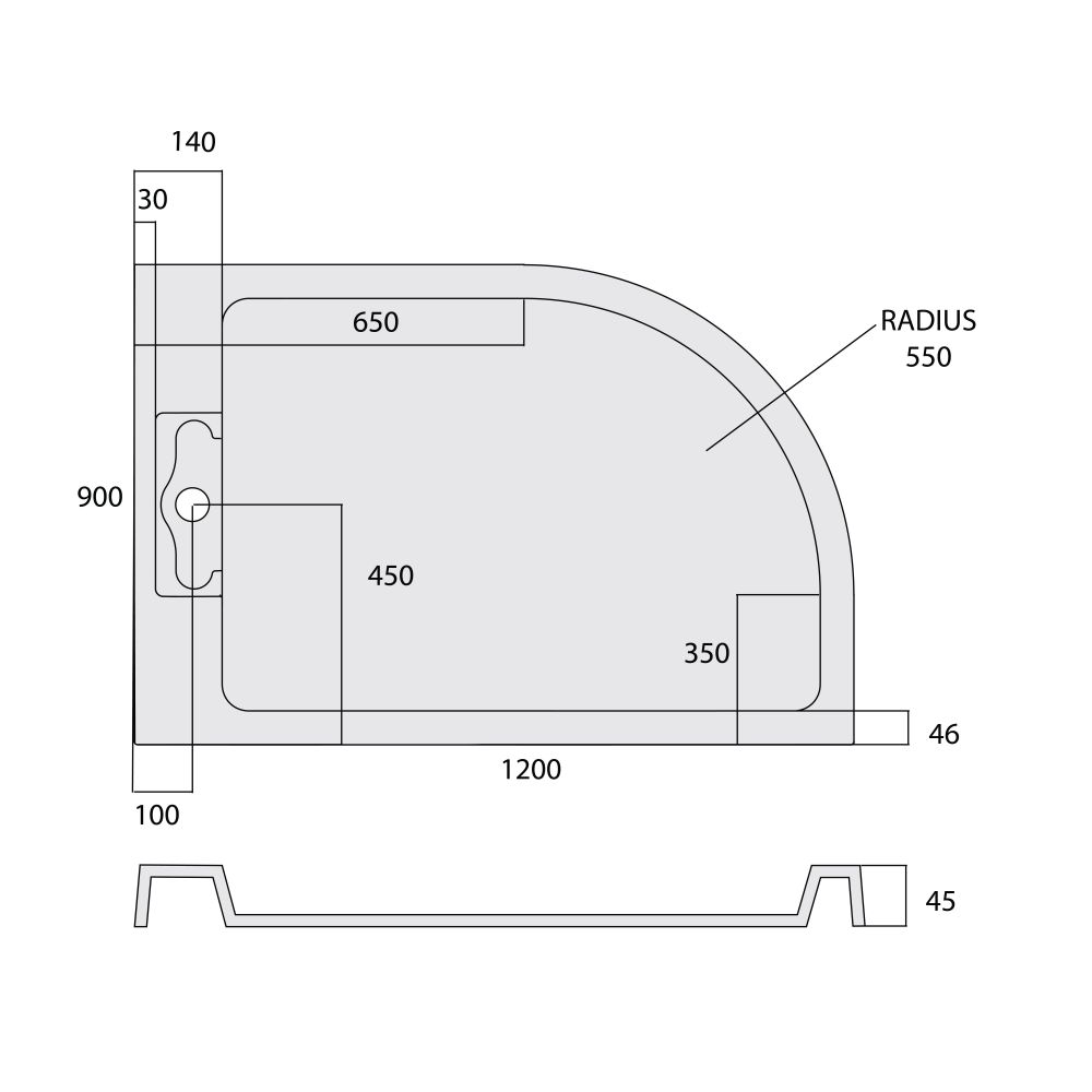 Low Profile Quadrant Hidden Waste Shower Tray Right Hand 1200x900mm Spec Drawing