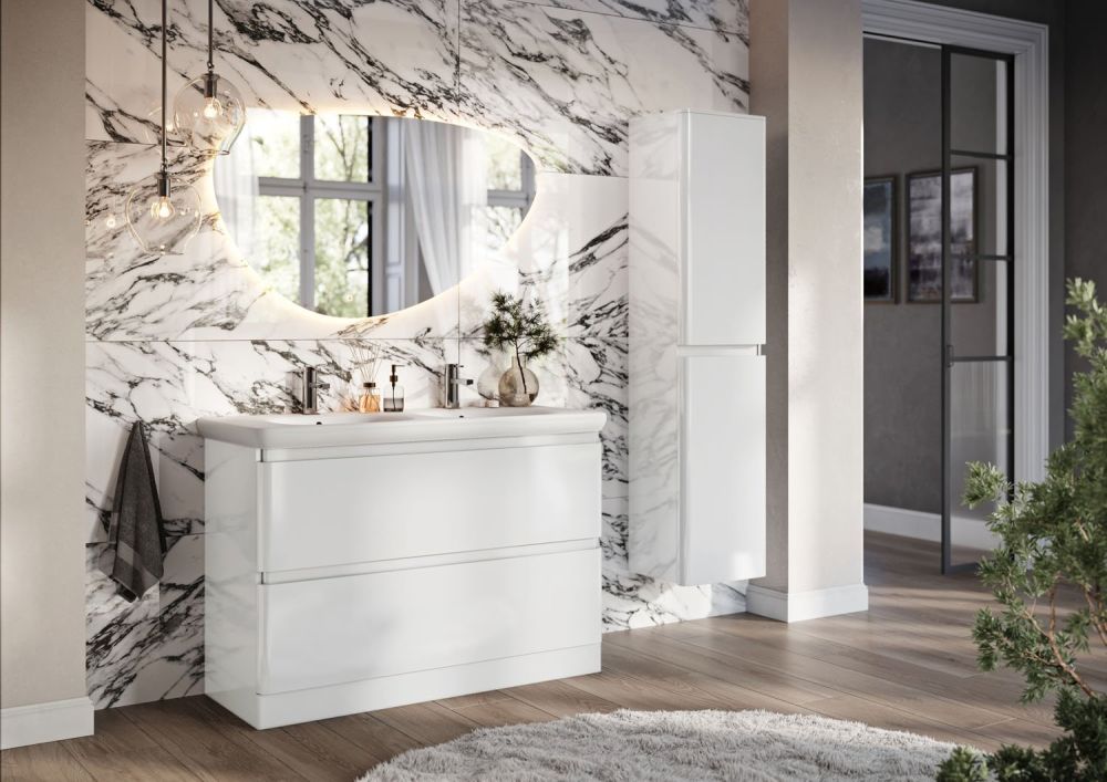 Neon Gloss White Floor Standing Vanity Unit with Lynx Resin Basin 1200mm