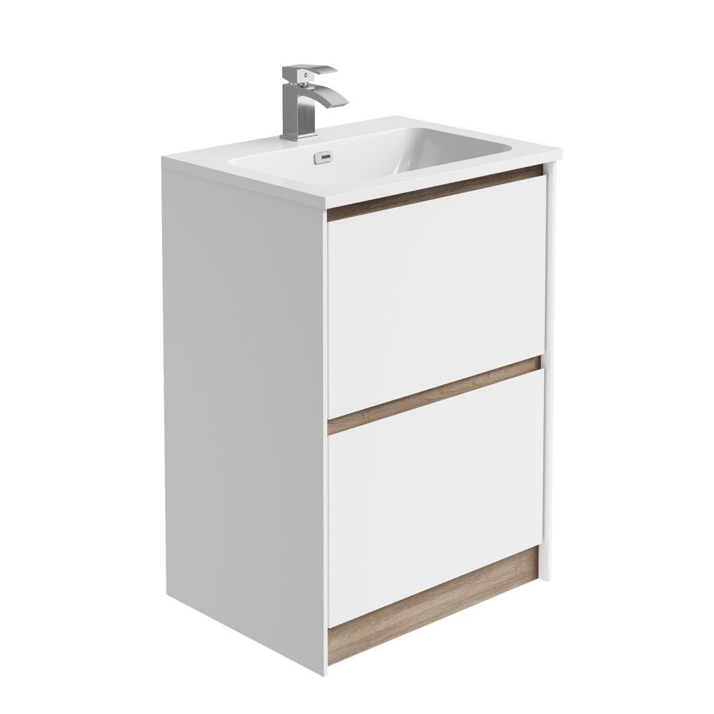 Newbury Floor Standing Vanity Unit in Matt White & Sawn Oak - 600mm