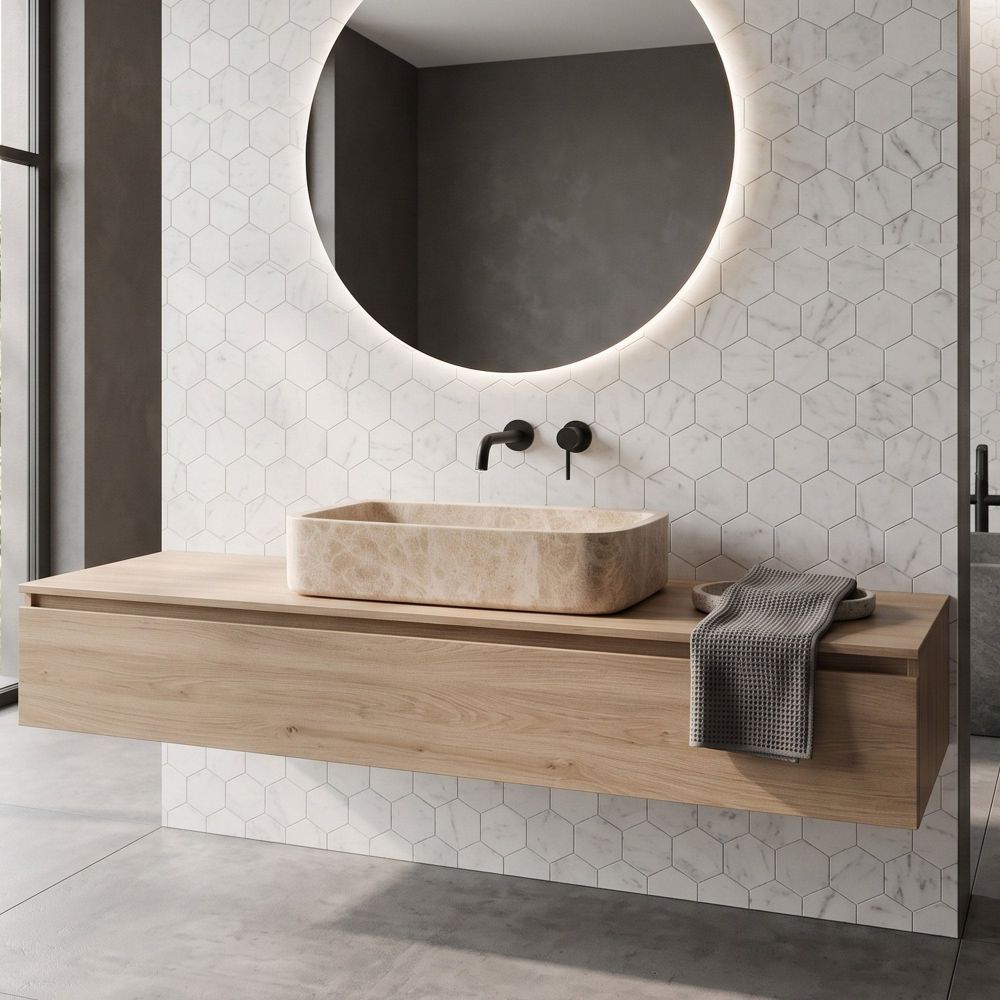 Marzio Patara Beige Honed Marble Rectangle Basin roomset 212985