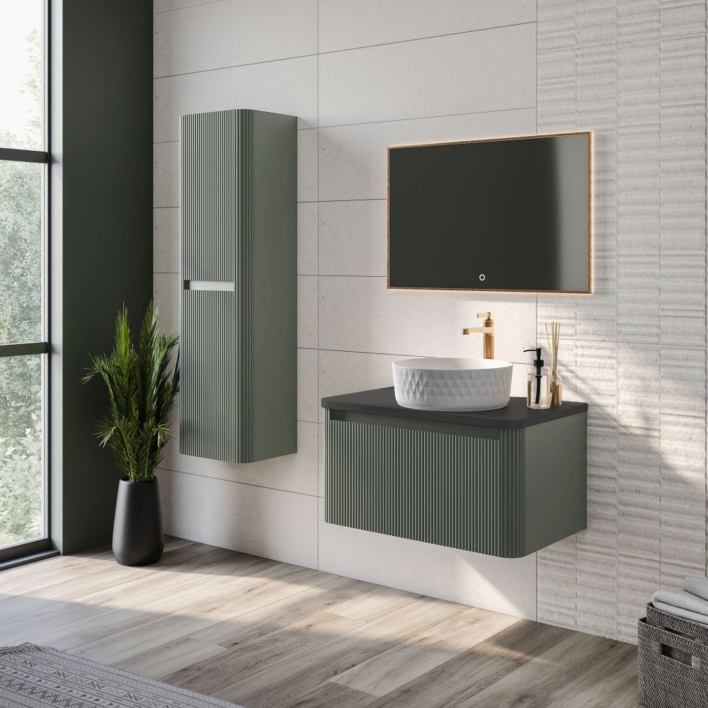 Wish Ribbed Wall Hung Vanity Unit in Green with Black Worktop