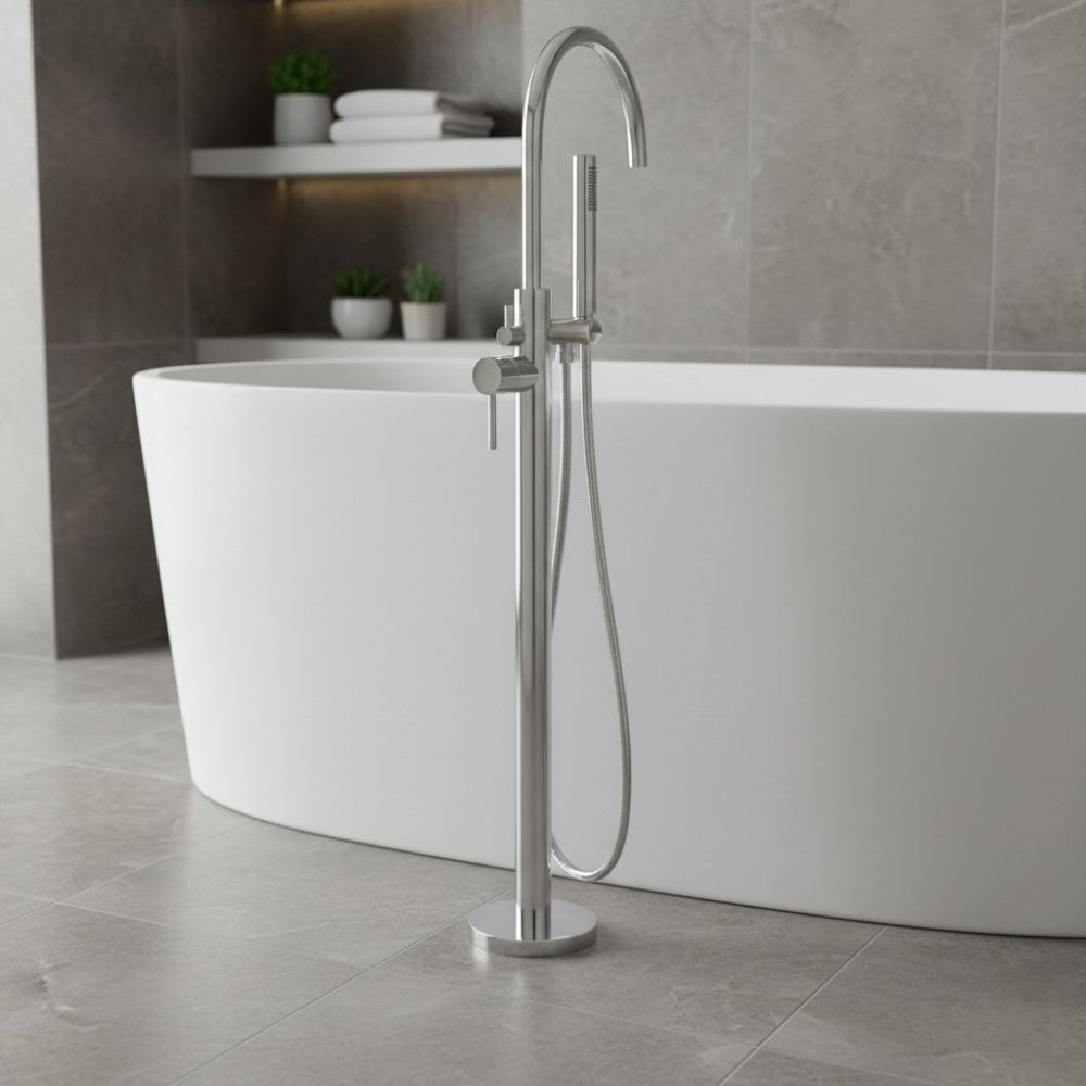 Moray Polished Chrome  Floor Standing Bath Tap With Hand Held Shower  - roomset