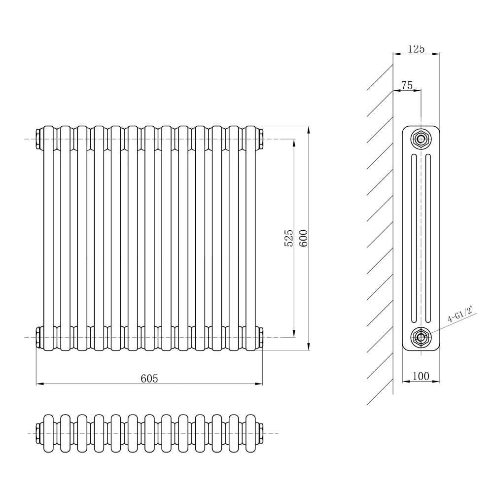 Upton Matt Black Triple Horizontal Column Radiator 600x605mm