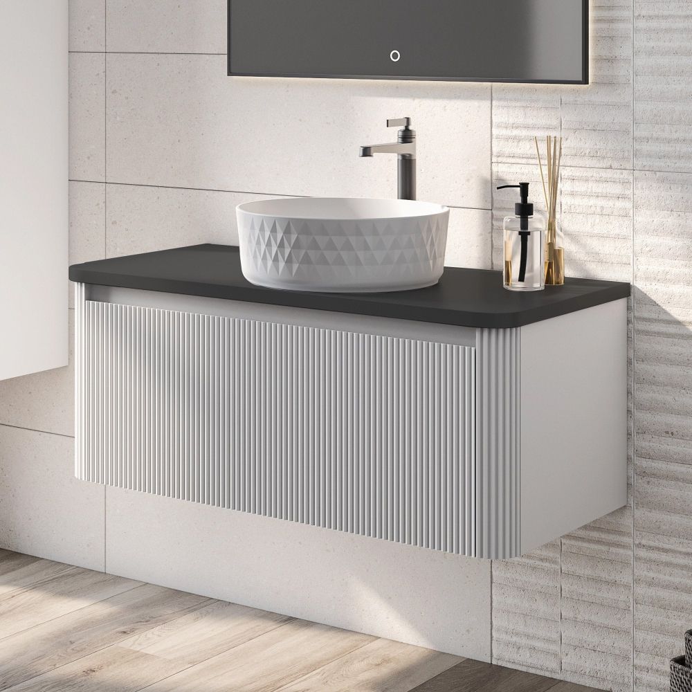 Wish Ribbed Wall Hung Vanity Unit in White with Black Worktop