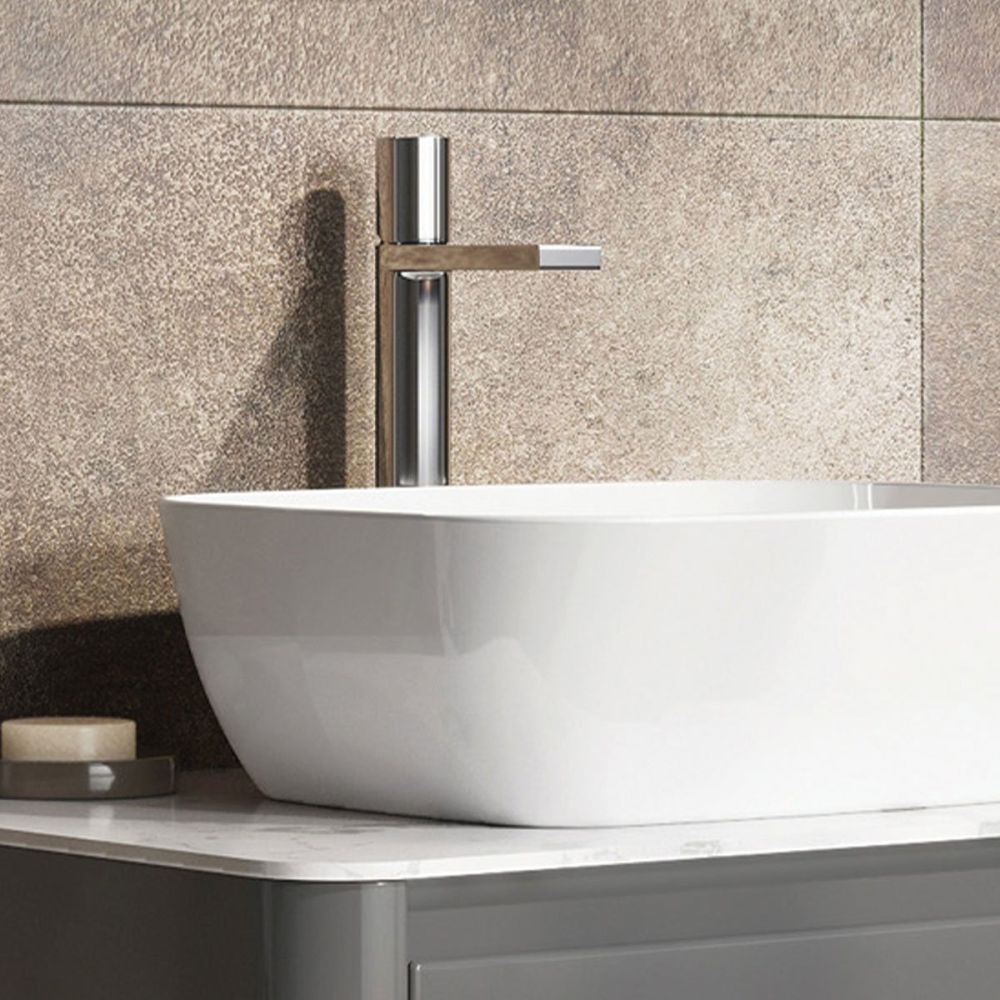Lifestyle image in a warm setting showing the Pancho Chrome Tall Basin Mixer Tap