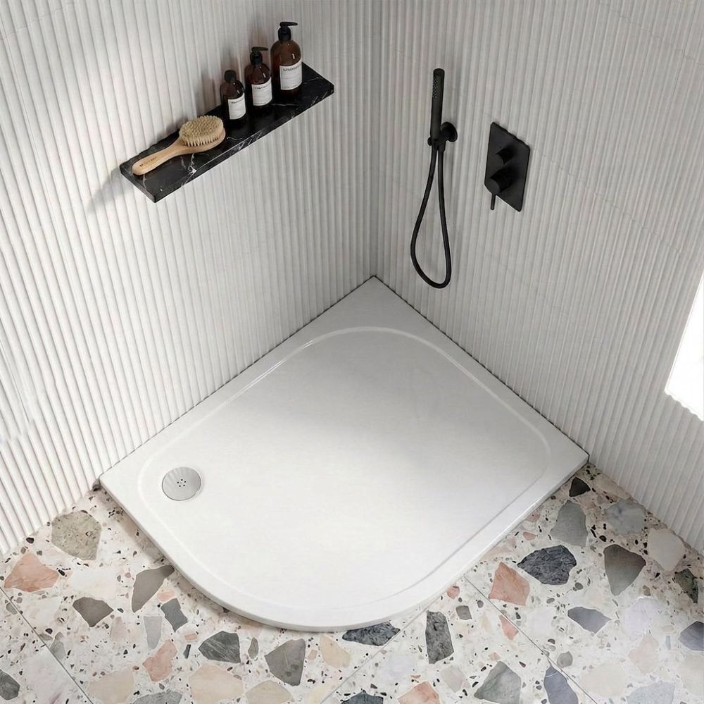 Modern lifestyle image of the Low Profile Left Hand Offset Quadrant Shower Tray 1000x900mm