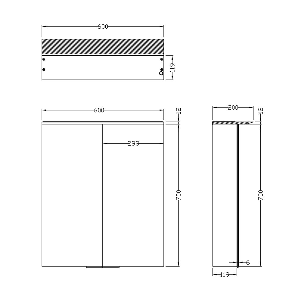 Ruby Motion Sensor Illuminated LED Mirror Wall Cabinet 600x715mm Spec Dimension Drawing