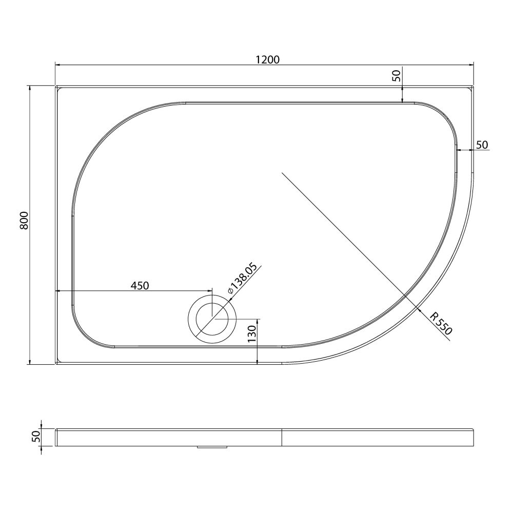 Slate Effect Non Slip Right Hand Offset Quadrant Shower Tray 1200x800mm pec Lien Drawing