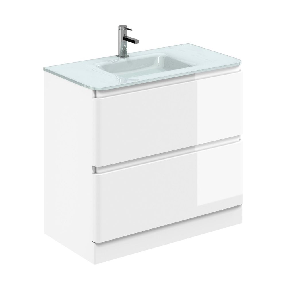 Neon Gloss White Floor Standing Vanity Unit with Opal Glass Basin 900mm