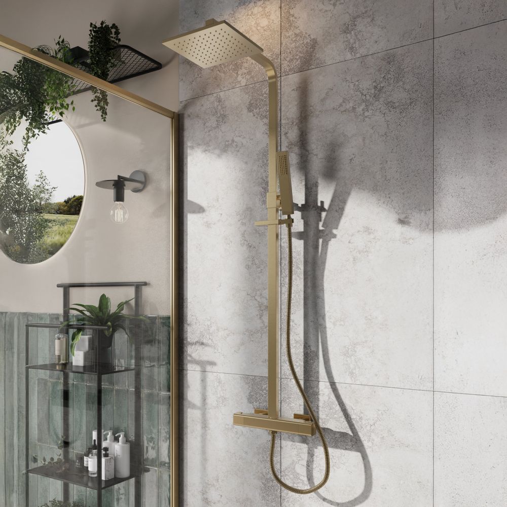 Liva Brushed Gold Square Thermostatic Dual Shower Pack