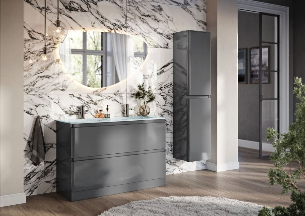 Neon Gloss Titanium Grey Floor Standing Vanity Unit with Opal Glass Basin 1200mm
