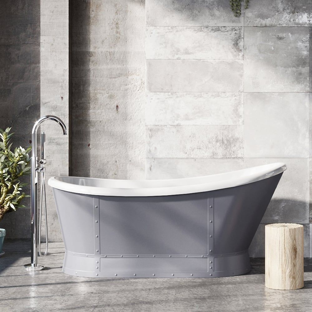 Hoff Matt Grey Industrial Freestanding Acrylic Bath 1676x780mm - roomset