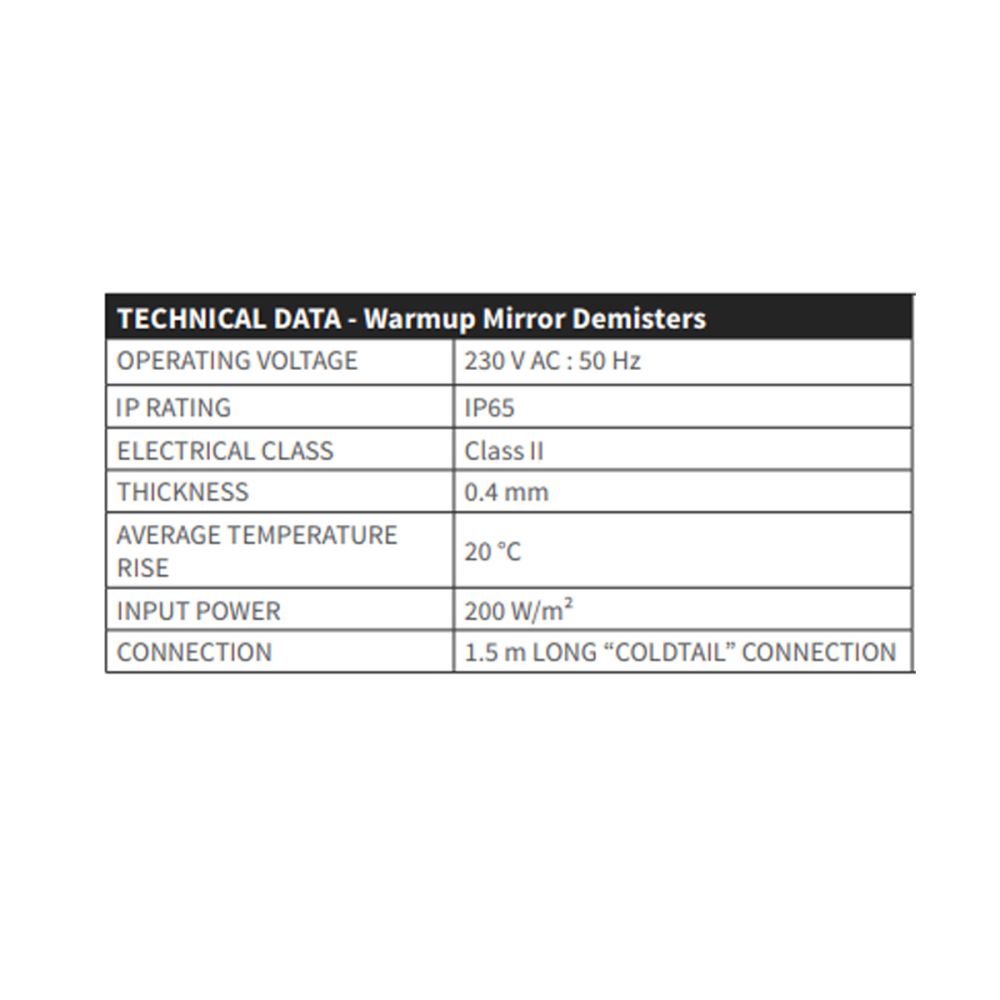 Warmup Mirror Demister Pad Technical Data