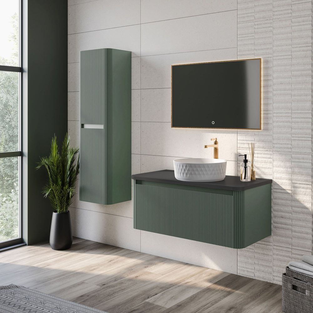 Wish Ribbed Wall Hung Vanity Unit in Green with Black Worktop