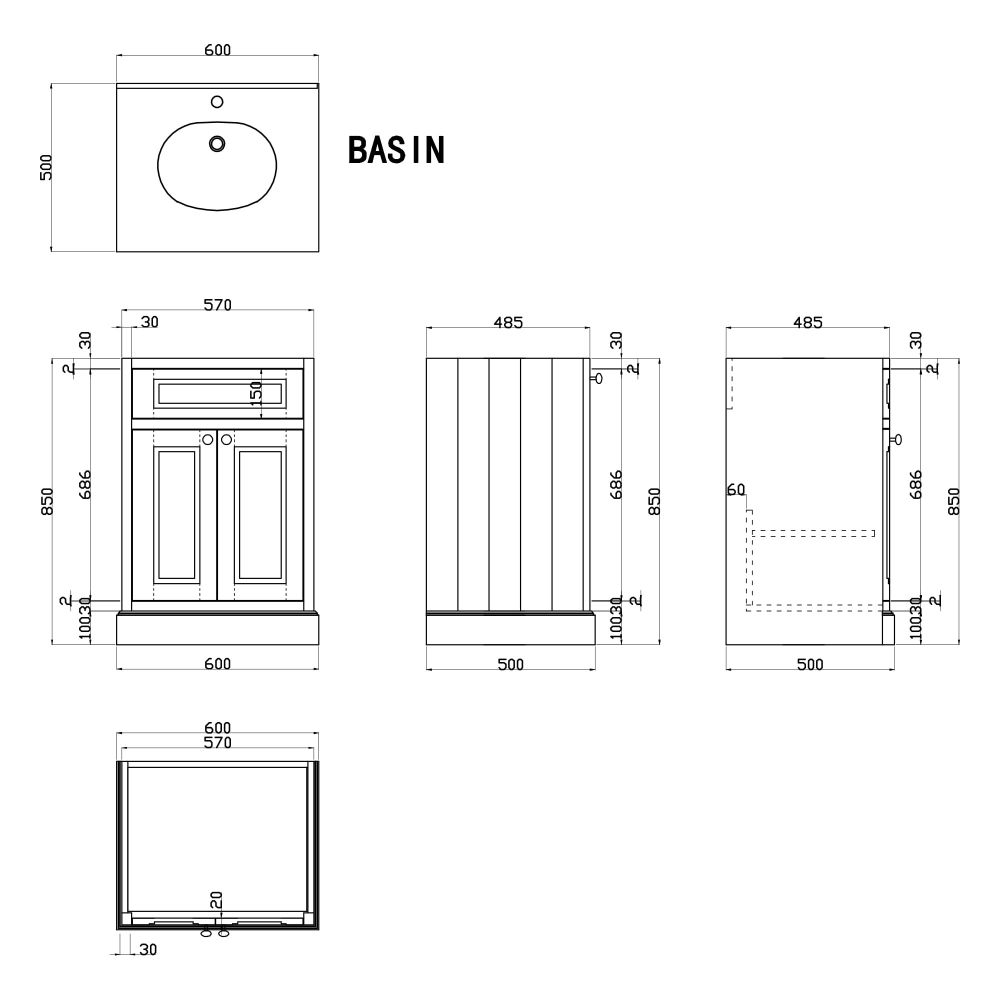 Richmond White Floor Standing Traditional Vanity Unit with White Marble Top 600mm Dimensions