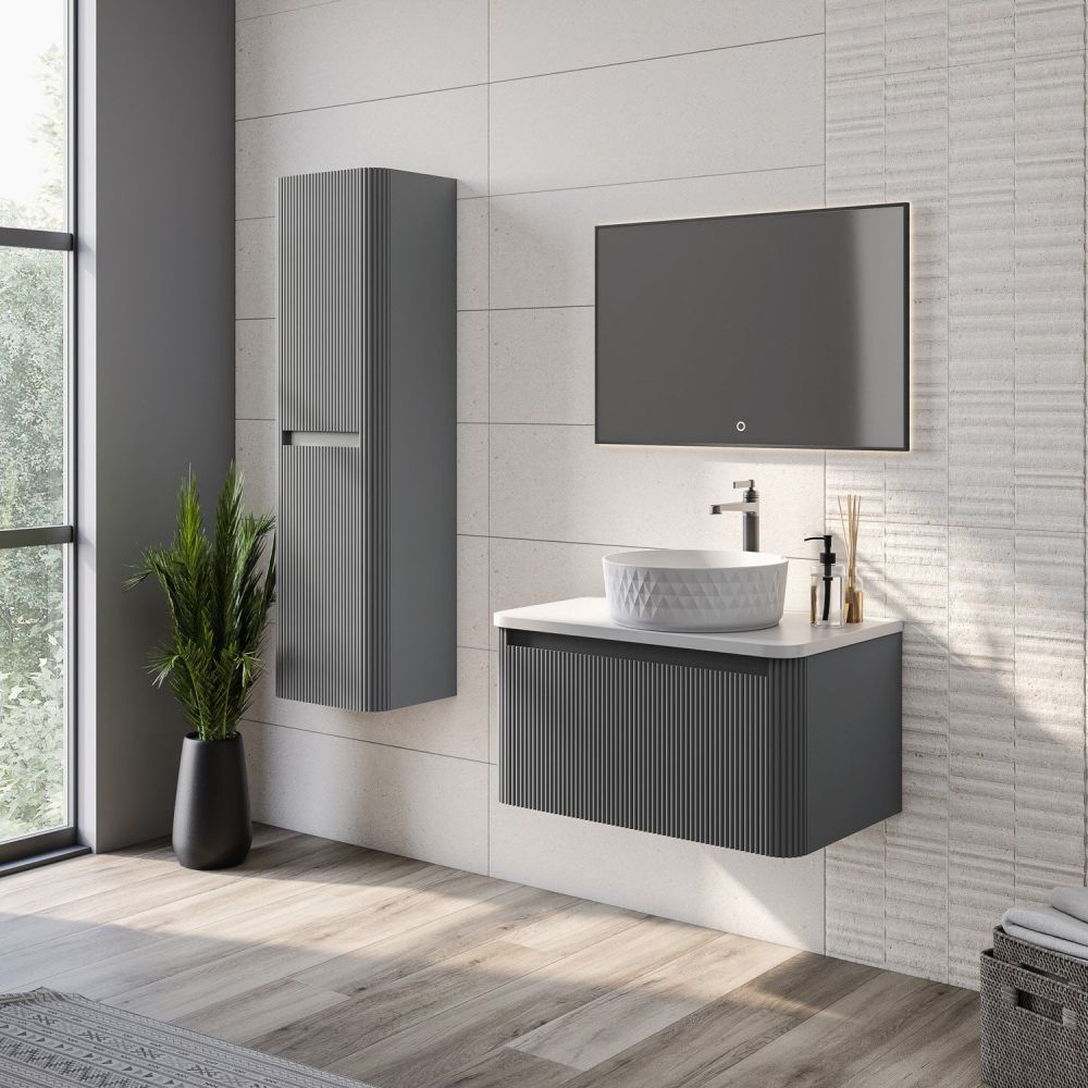 Wish Ribbed Charcoal Wall Hung Tall Storage Cabinet
