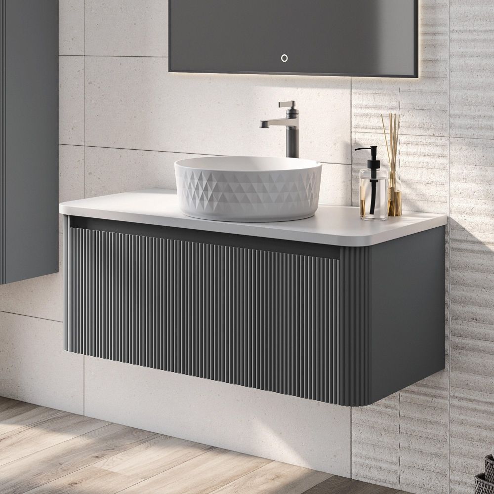 Wish Ribbed Wall Hung Vanity Unit in Charcoal with White Worktop