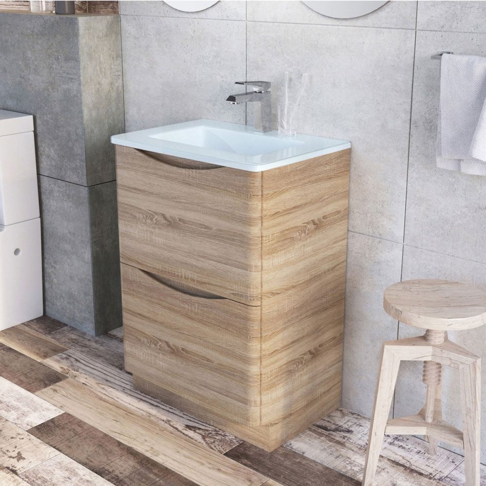 Erin Light Oak Floor Standing Vanity Unit with White Glass Basin 600mm