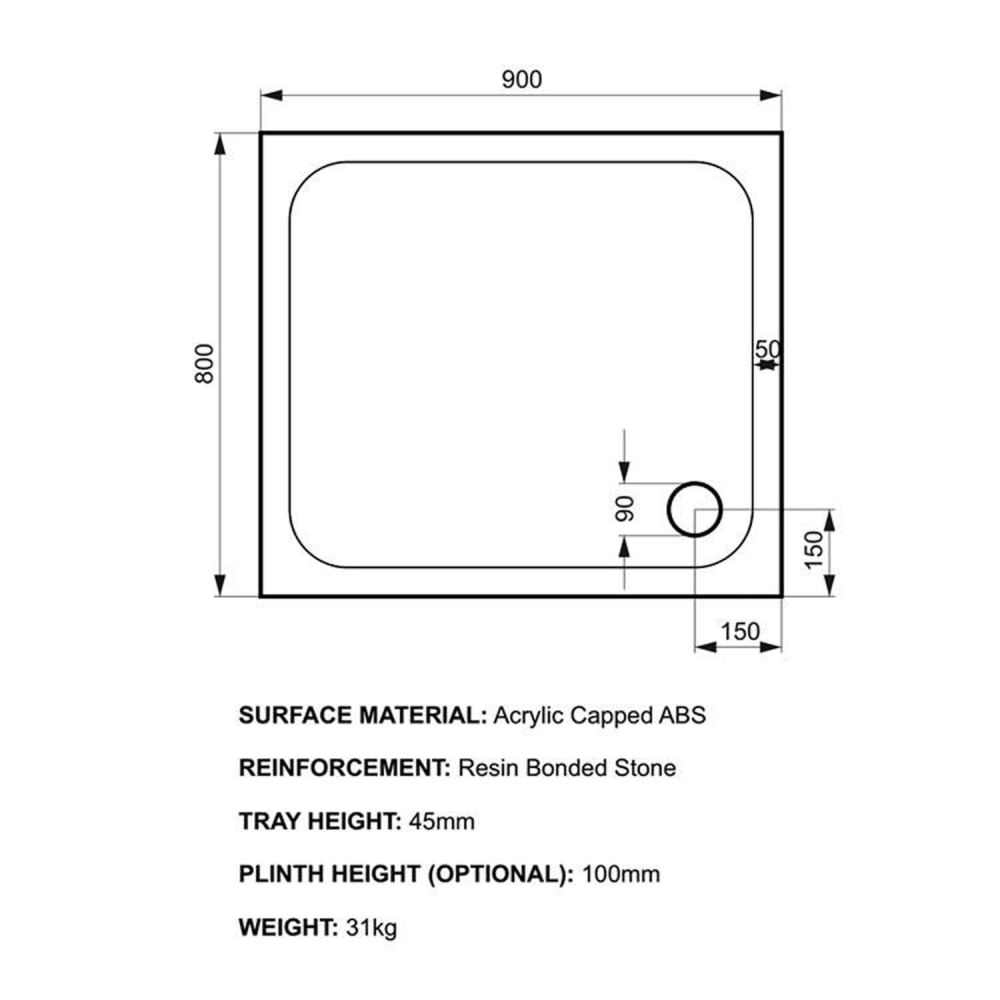 Kstone Rectangular Shower Tray 900x800mm Spec Drawing