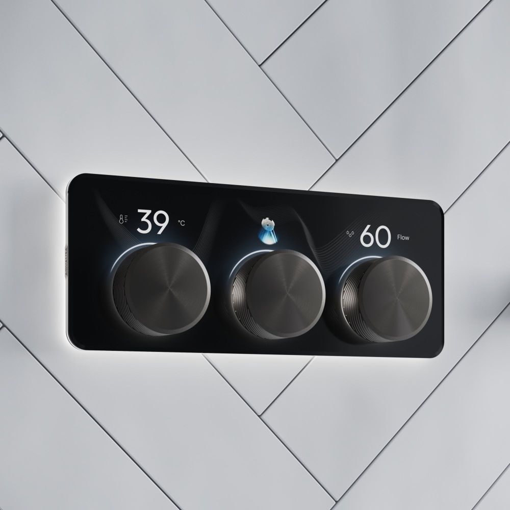 Aqualisa S3 Gunmetal Controls kon an white tiled background