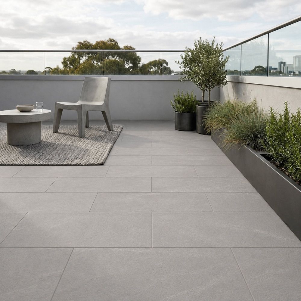 Calgary Grey Stone Outdoor Porcelain Tile 600x900mm roomset 