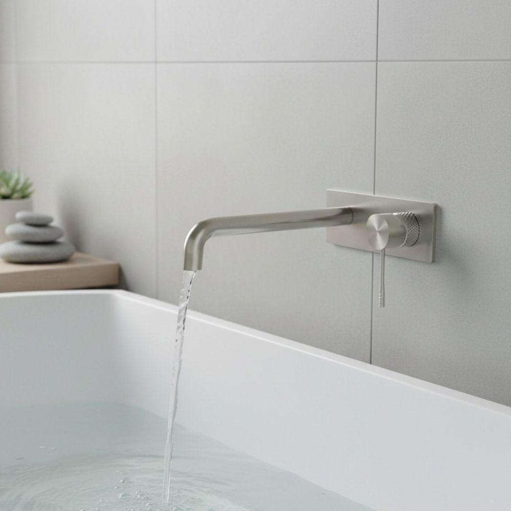 Moray Brushed Nickel single lever bath mixer tap featuring a textured knurled detailing - roomset