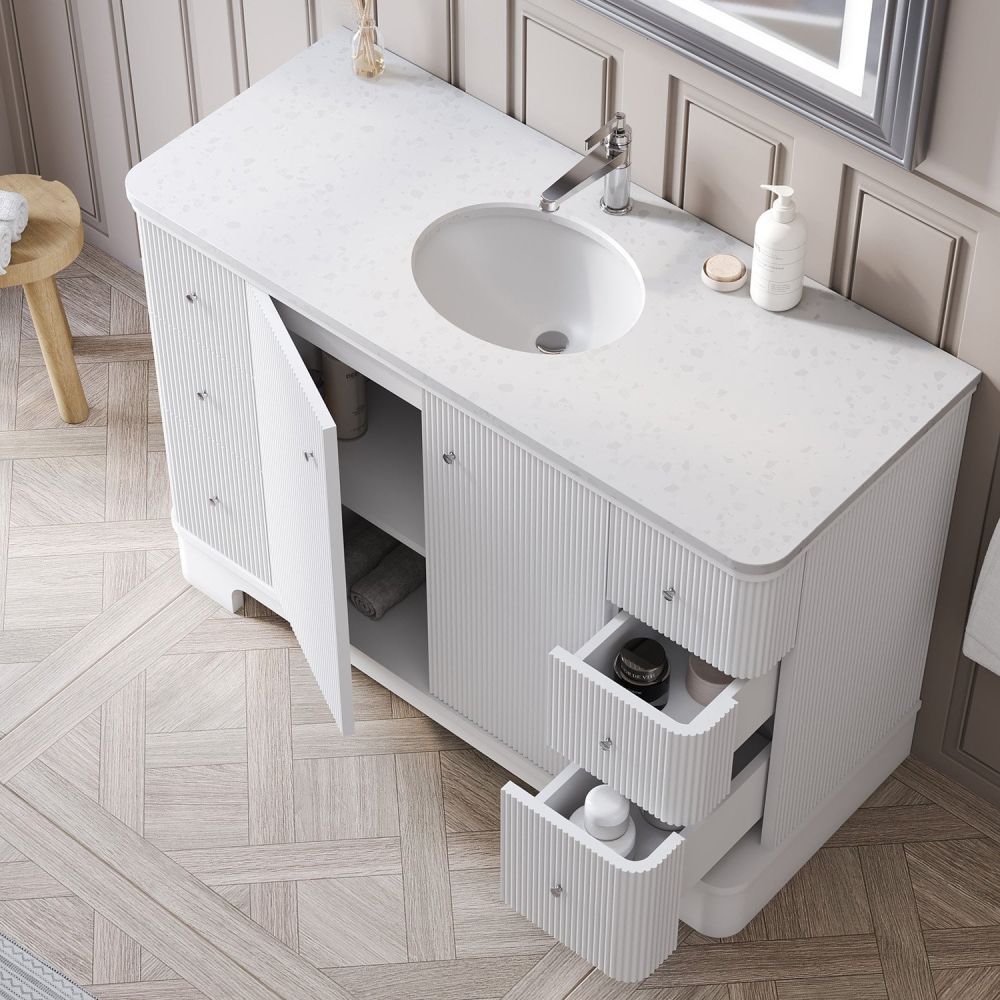 Traditional roomset showing the Hayward White Ribbed Floor Standing Vanity Unit 1200mm open