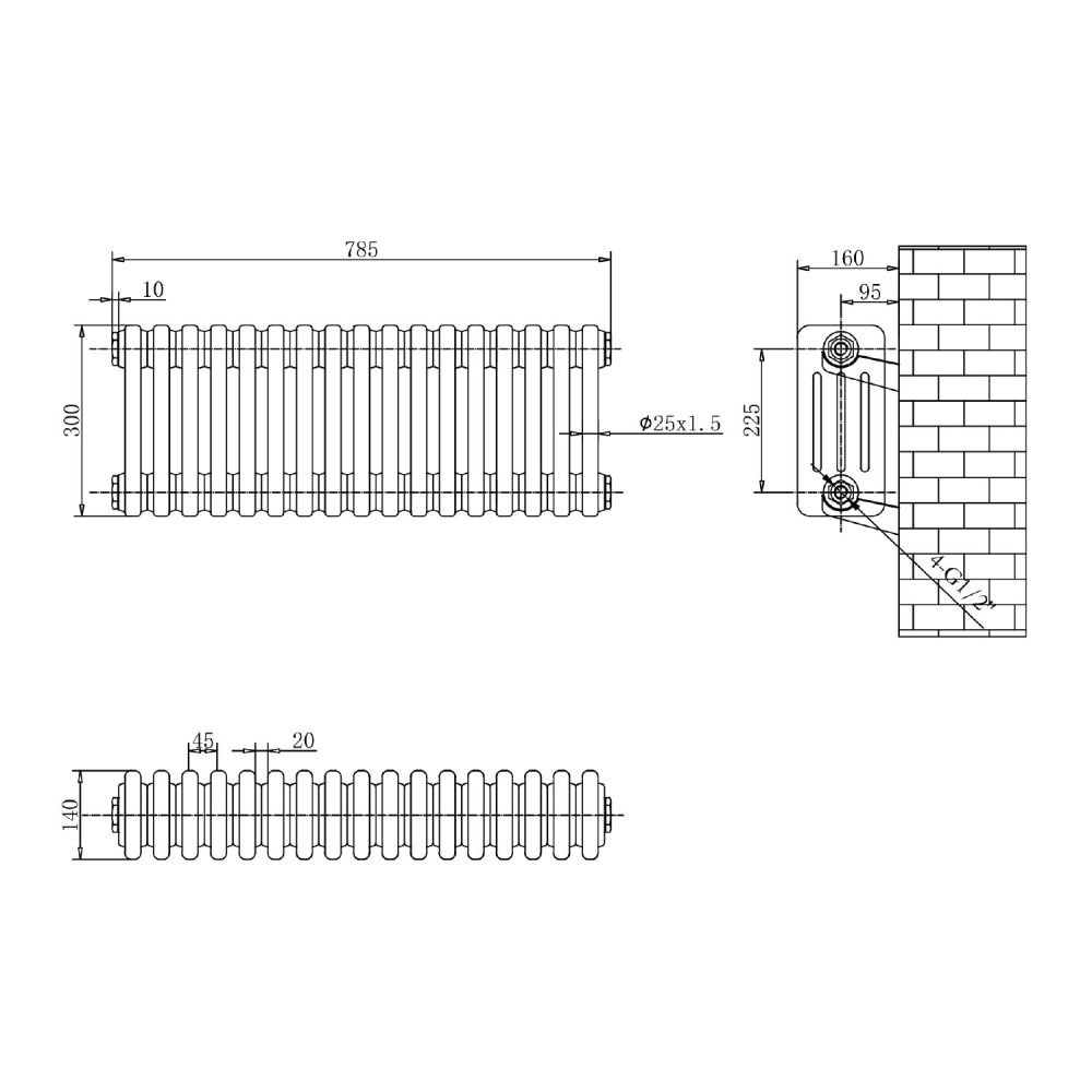 Upton White Double Horizontal Column Radiator 600x1370mm