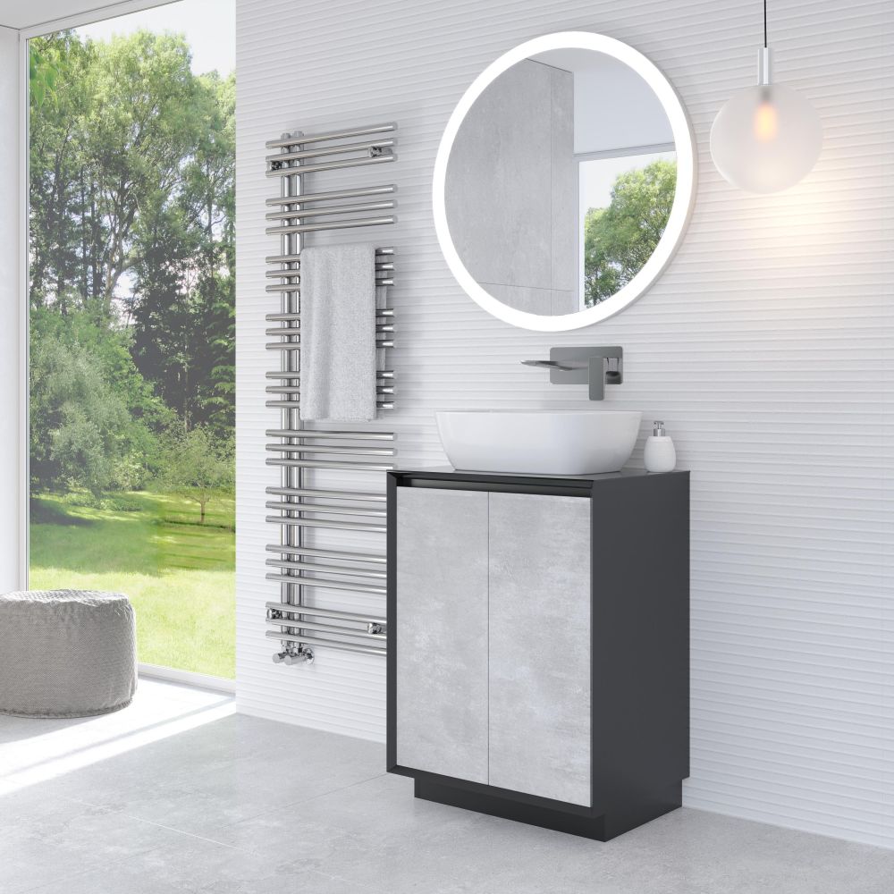 Snowdon 600mm Floor Standing Vanity Unit with Black Worktop in Black & Concrete