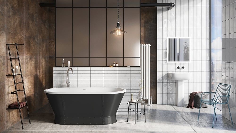 Glendale Matt Black Industrial Freestanding Acrylic Bath 1676x780mm - roomset 3