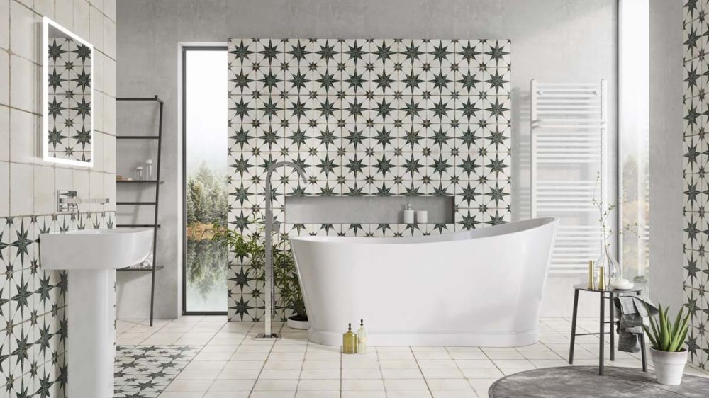 Modern lifestyle image of the Tadeo Freestanding Acrylic Bath 1720x790mm side profile