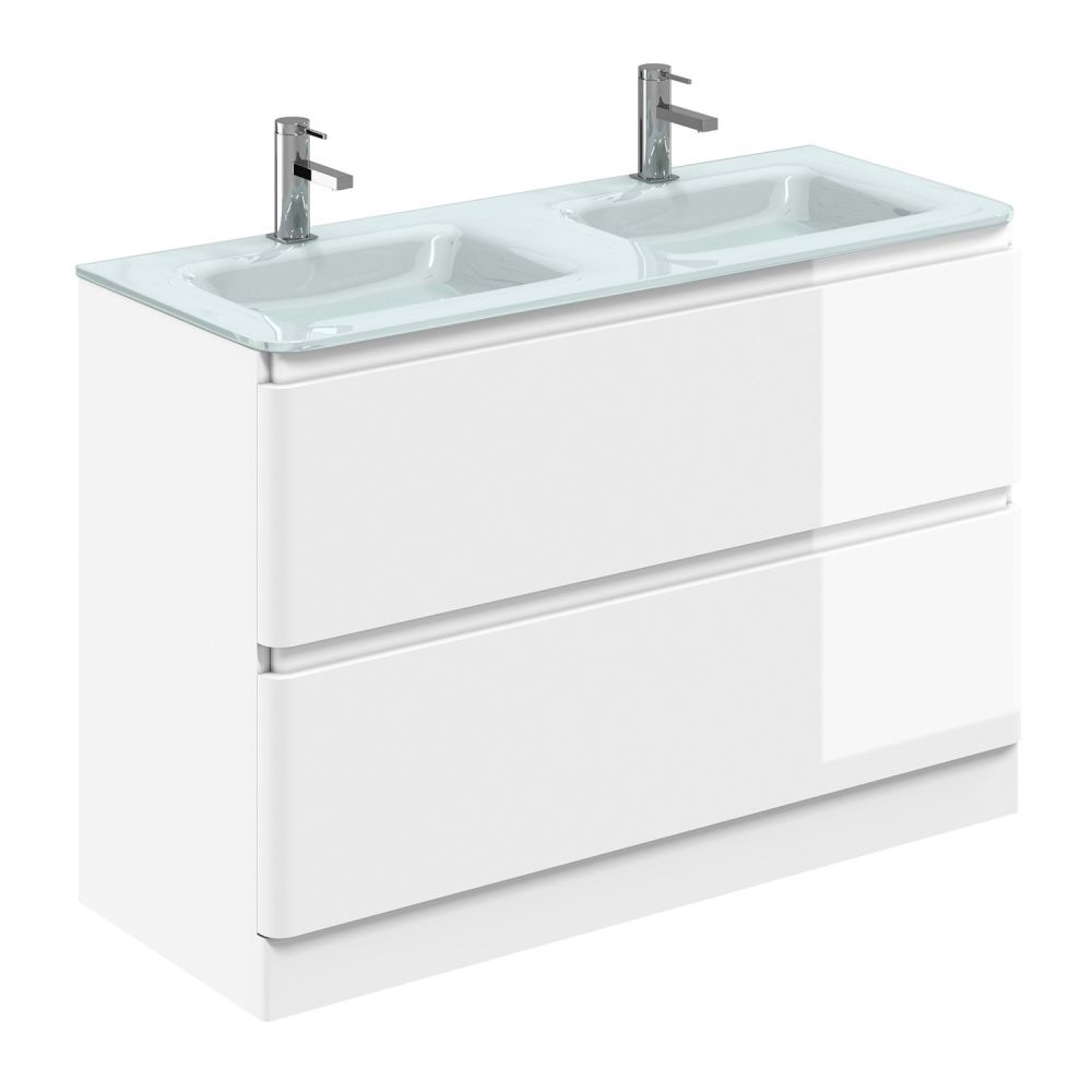 Neon Gloss White Floor Standing Vanity Unit with Opal Glass Basin 1200mm
