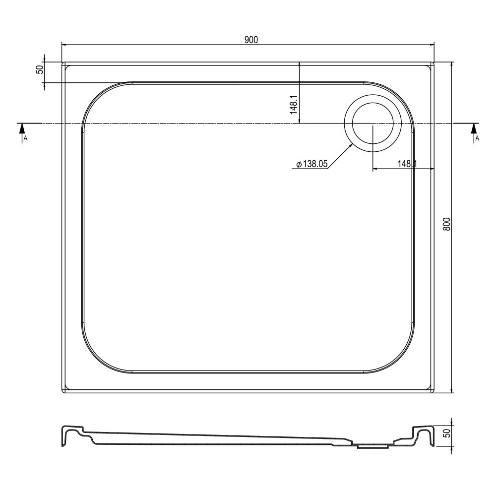 Low Profile Rectangle Shower Tray 900x800mm Spec Drawing