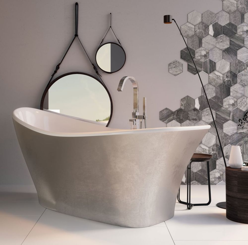 Modern roomset showing the Eton Silver Freestanding Acrylic Bath 1750x750mm