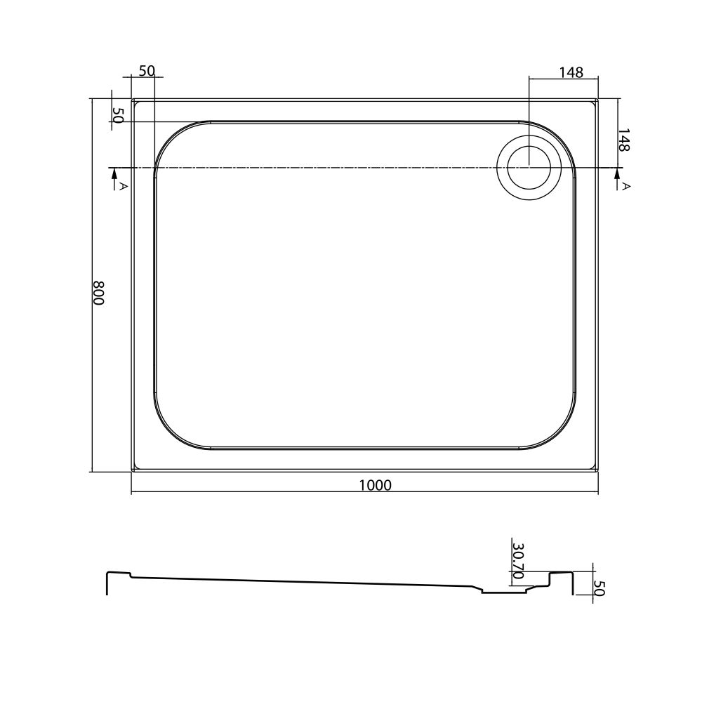 Low Profile Rectangle Shower Tray 1000x800mm Spec Drawing