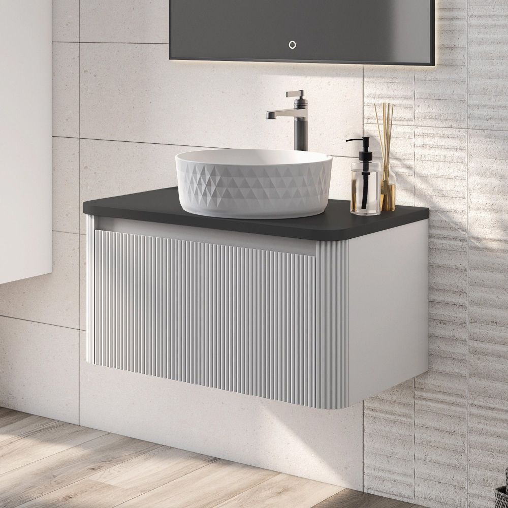Wish Ribbed Wall Hung Vanity Unit in White with Black Worktop