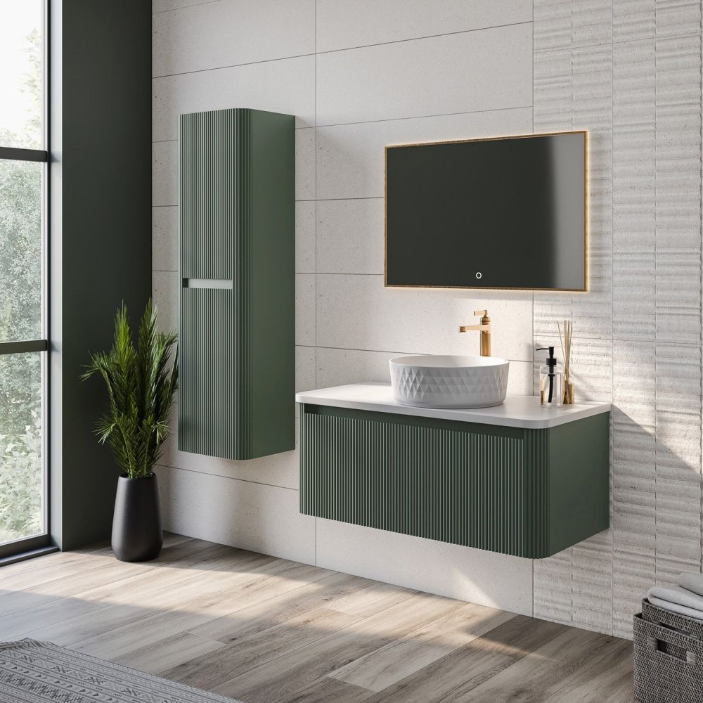 800mm Wish Ribbed Wall Hung Vanity Unit in Green with White Worktop - lifestyle image