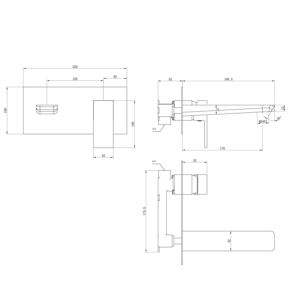 Zena Brushed Bronze Wall Mounted Bath Mixer Tap dimensions