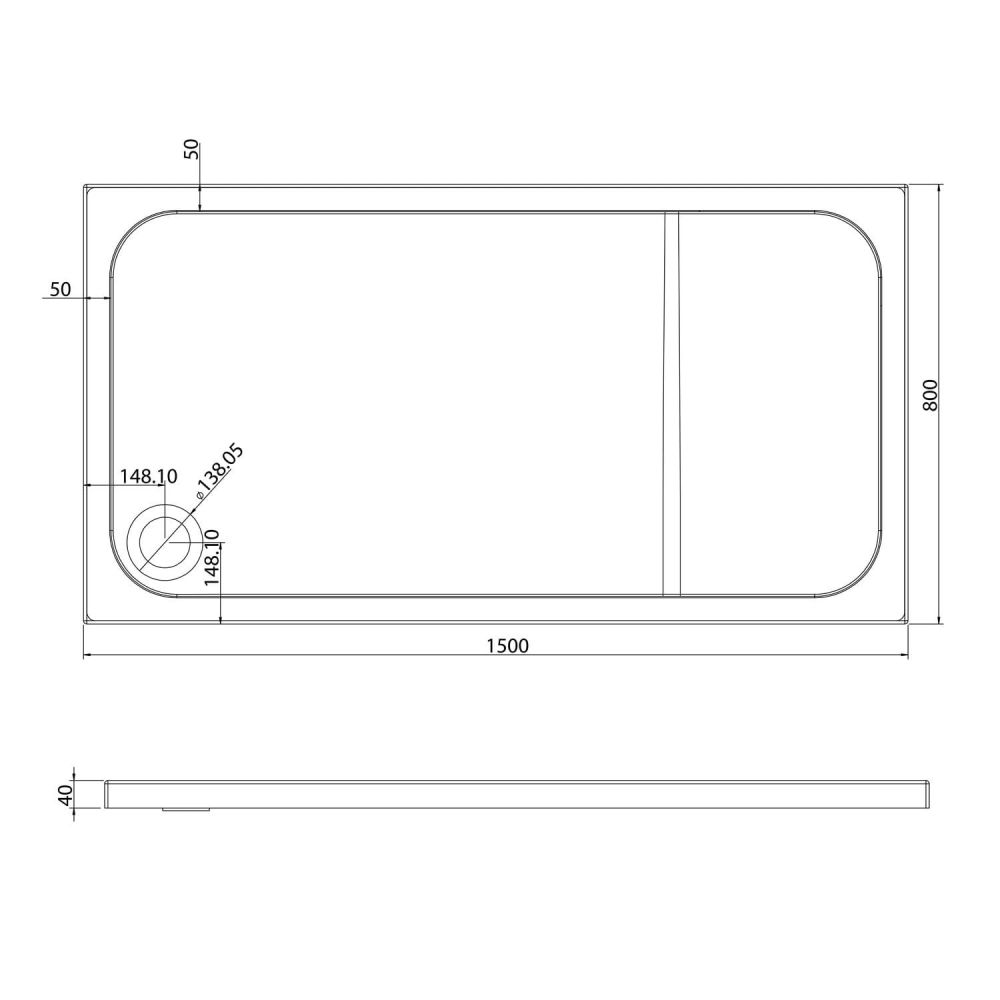Low Profile Rectangle Shower Tray 1500x800mm Spec Drawing