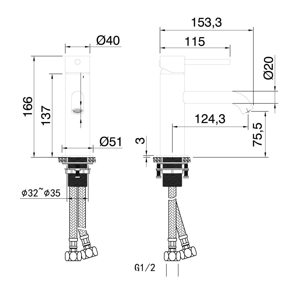 Elora Basin Mixer Tap Spec Drawing