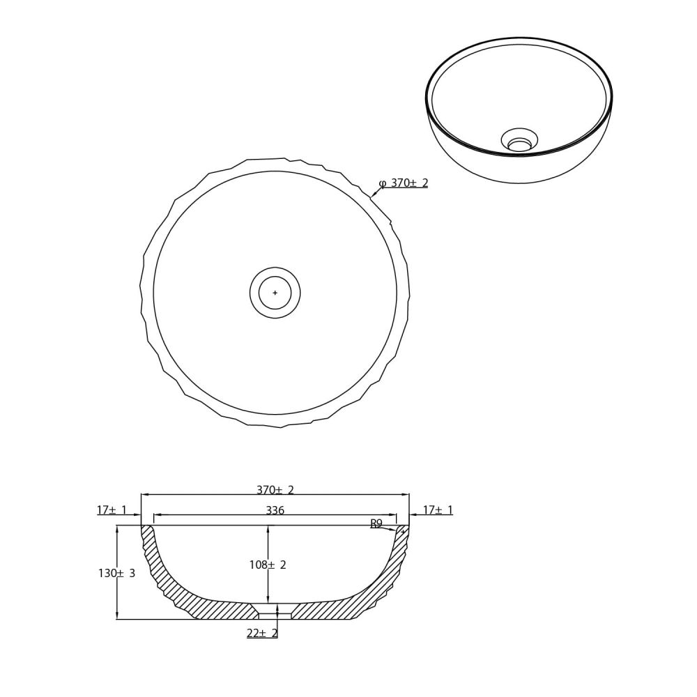 Brava Stone Textured Round Countertop Basin Spec Drawing