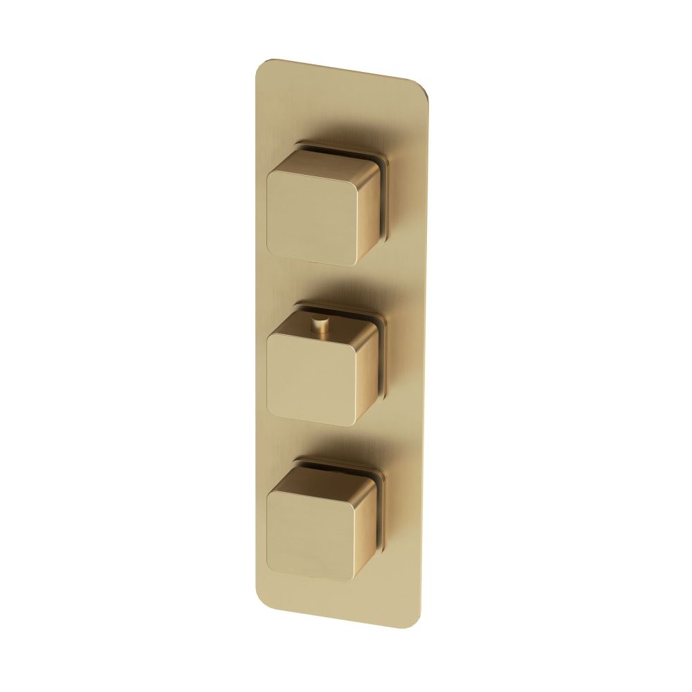 Brushed Gold Triple Square Concealed Thermostatic Shower Valve With Dual Outlet