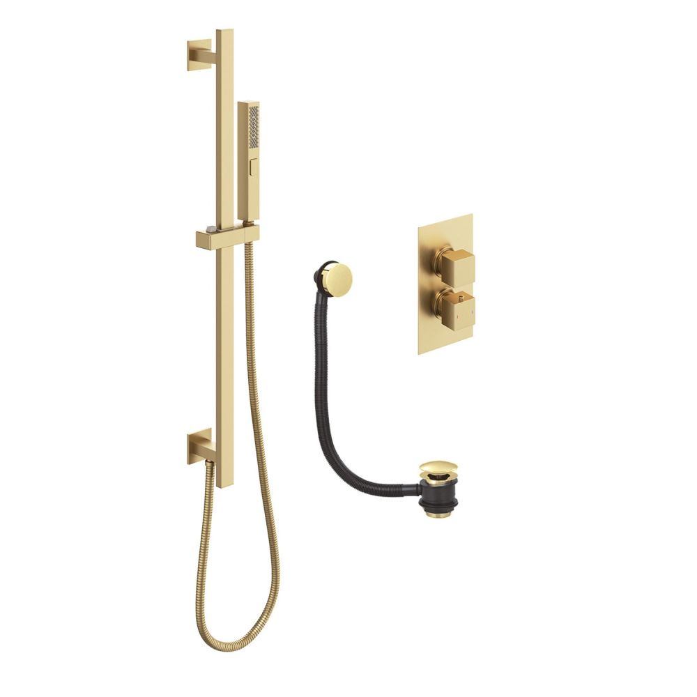 Zena Brushed Gold Square Double Outlet Valve with Slide Rail Kit and Bath Filler