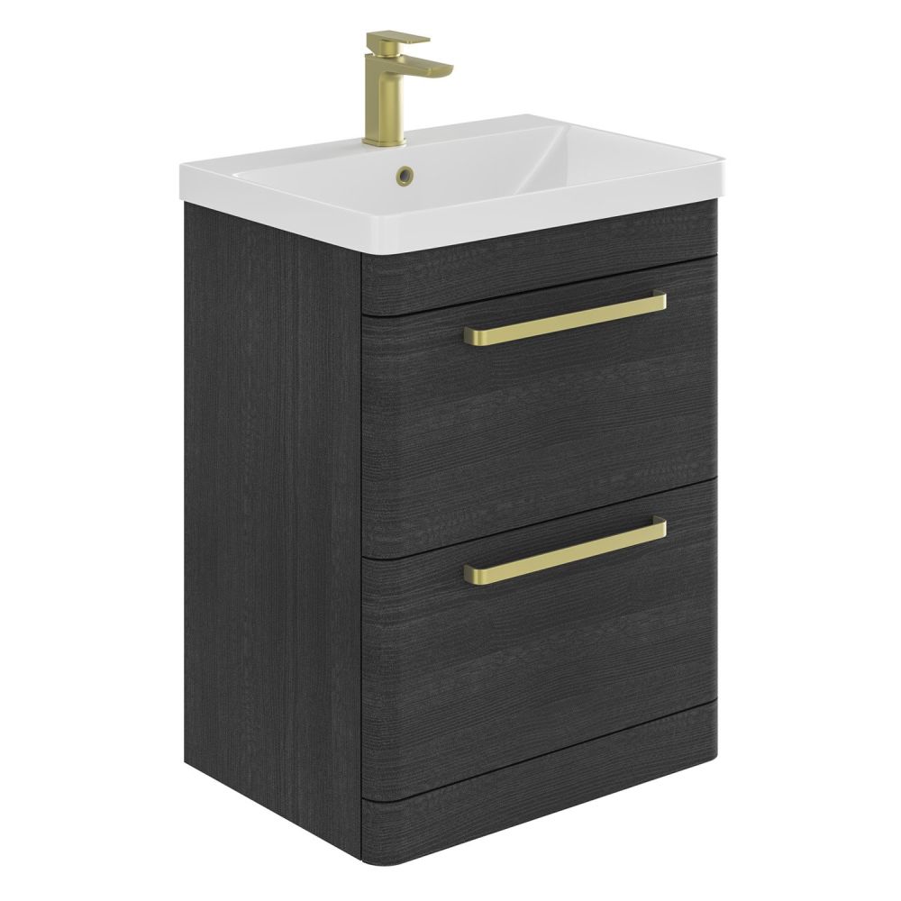 Esk Black Floor Standing Vanity Unit and Basin with Brushed Gold Handles 600mm